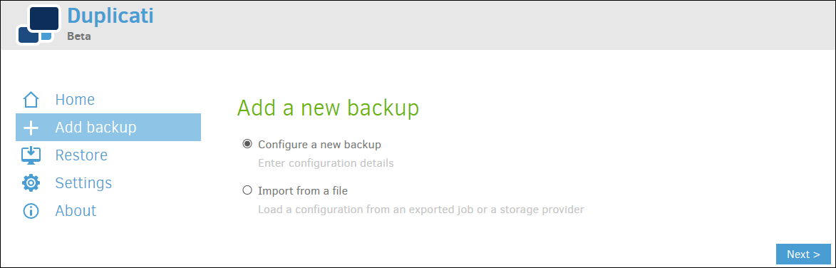 Configure new backup