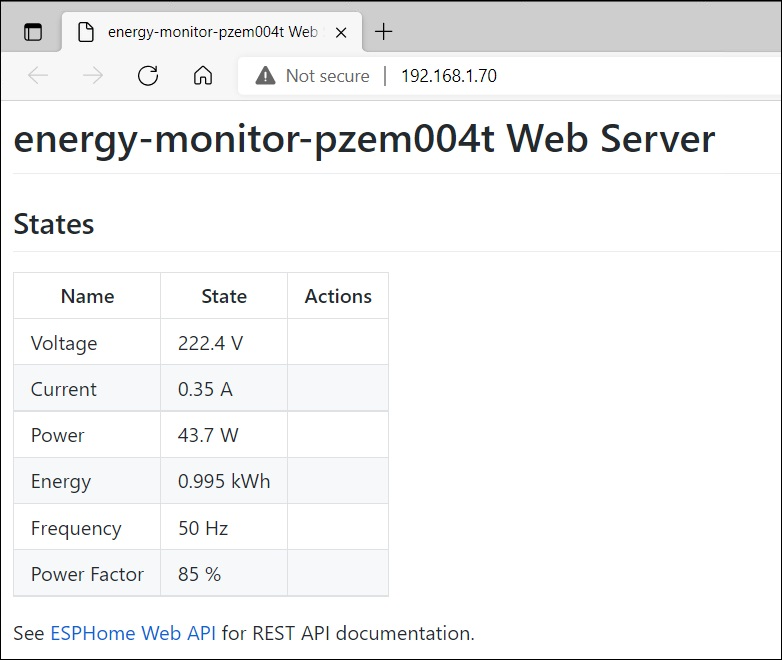 ESPHome Web Server showing PZEM004-T data