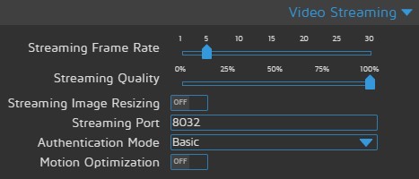 motionEyeOS Video Streaming settings