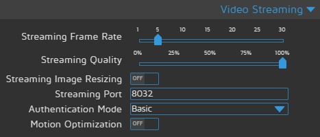 motionEyeOS Video Streaming settings