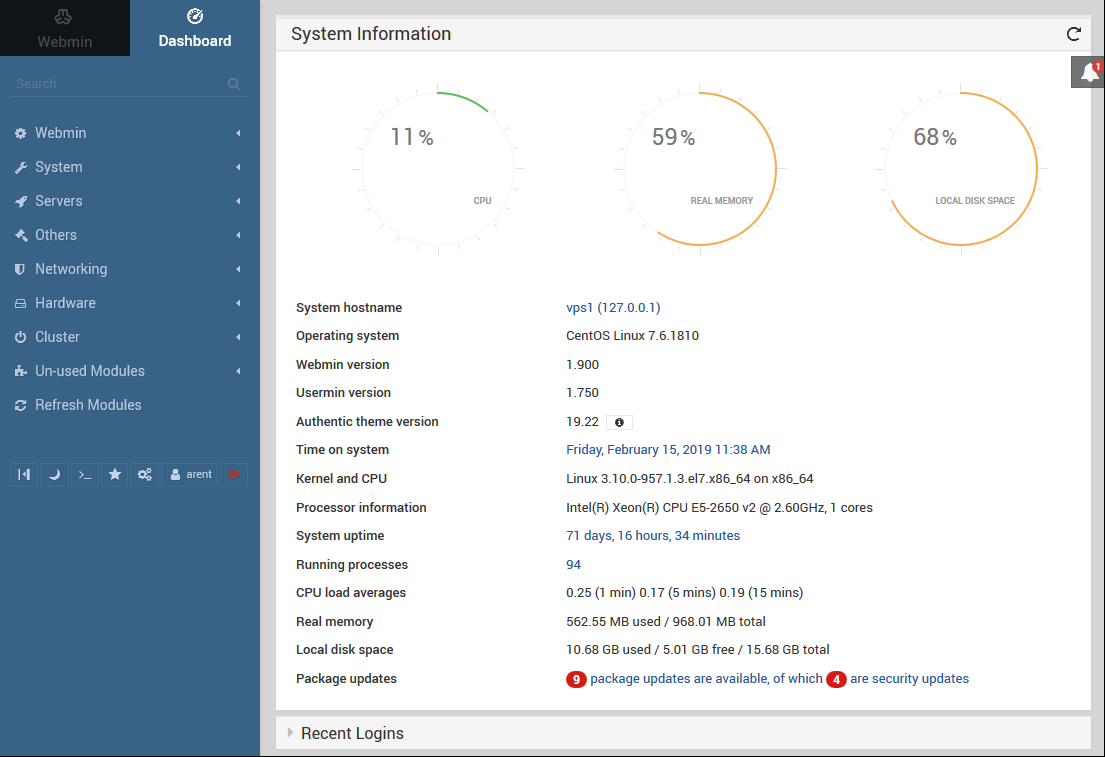 Webmin's System information start screen (Dashboard)