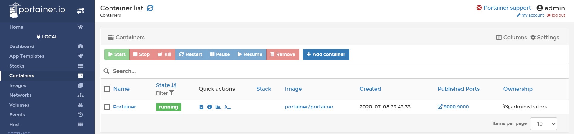 Portainer - Lista de contenedores