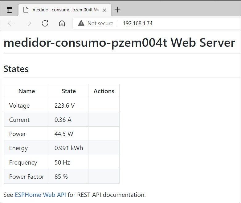 ESPHome Web Server mostrando datos de PZEM004-T
