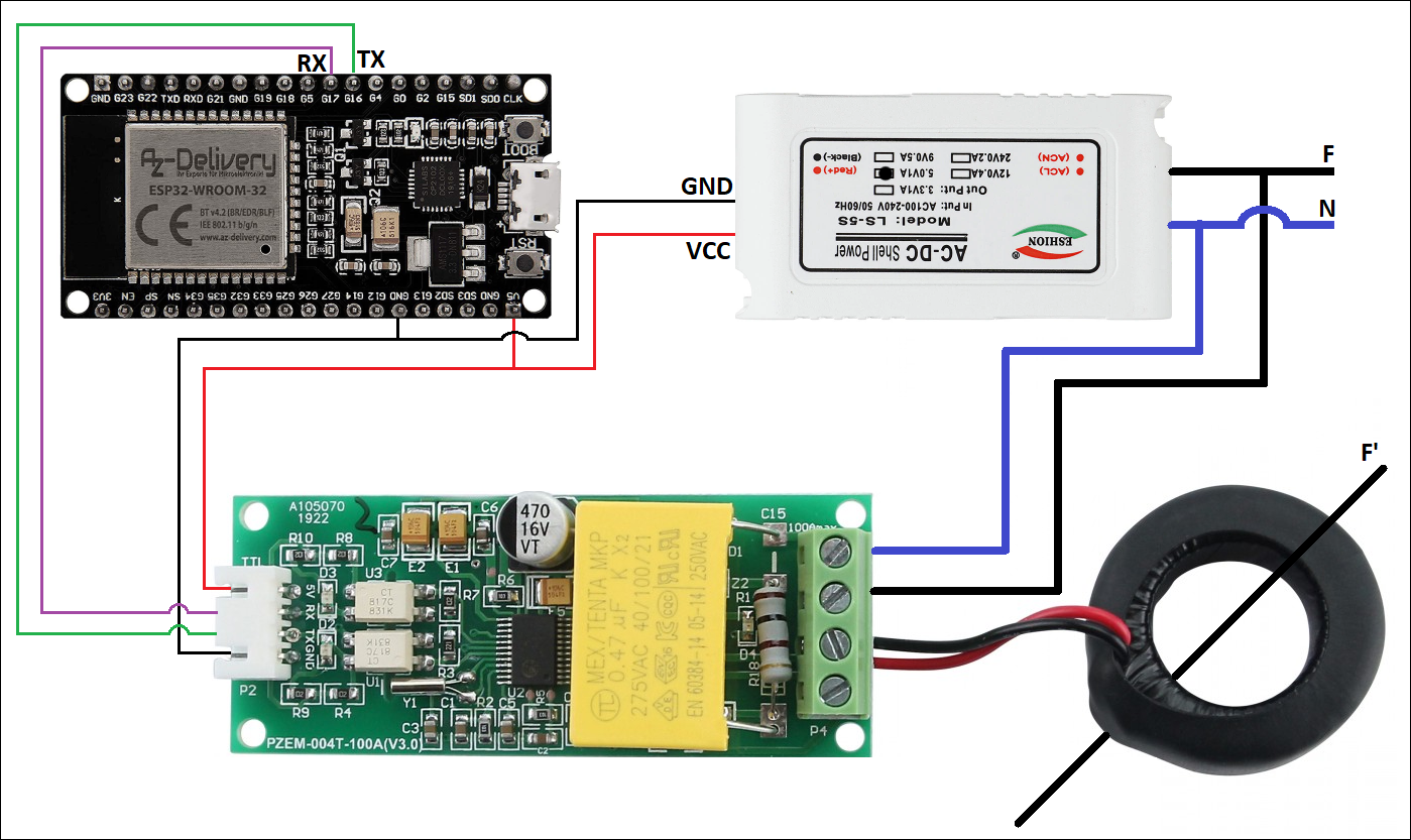 Esquema Conexiones PZEM004-T a NodeMCU ESP32S