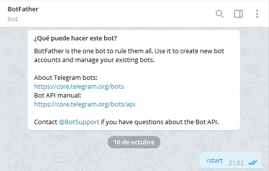 Inicio conversación con @BotFather